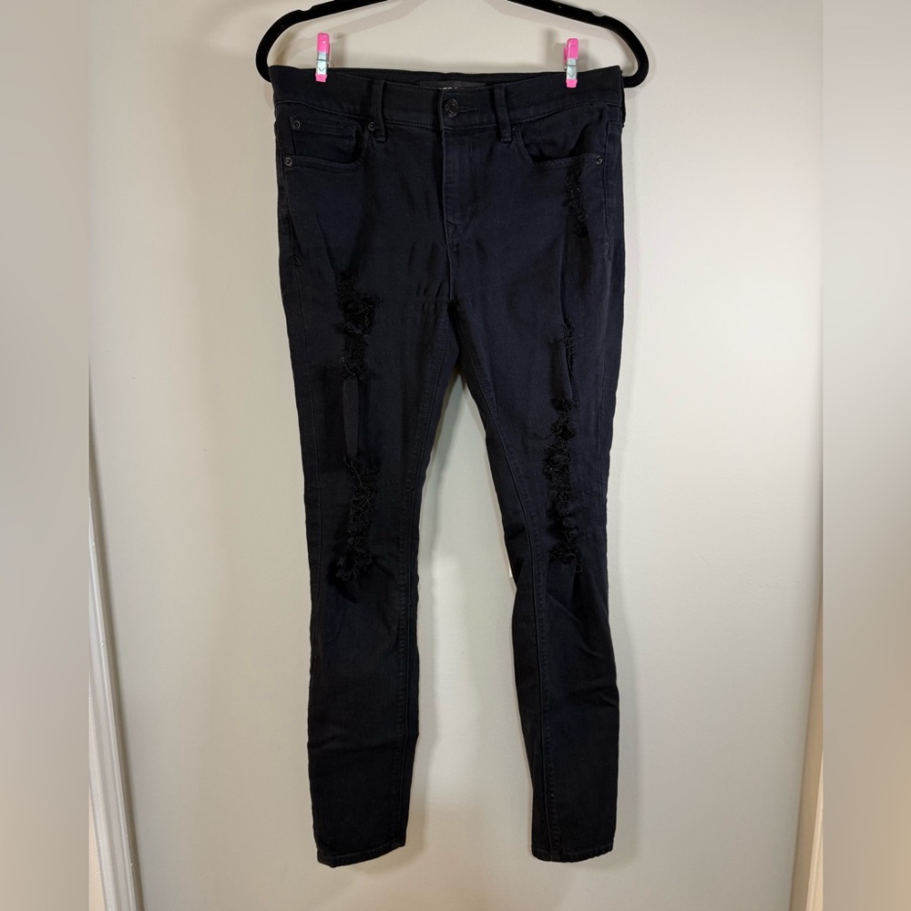 Express Jeans Women’s Leggings Mid Rise Black Ripped Front Sz 6 Mint